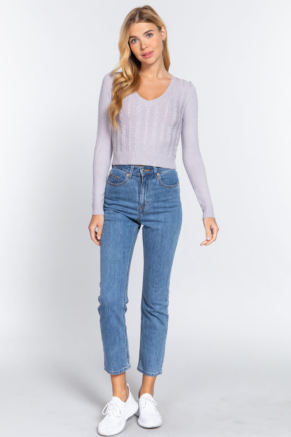 Long Sleeve V-neck Cable Sweater