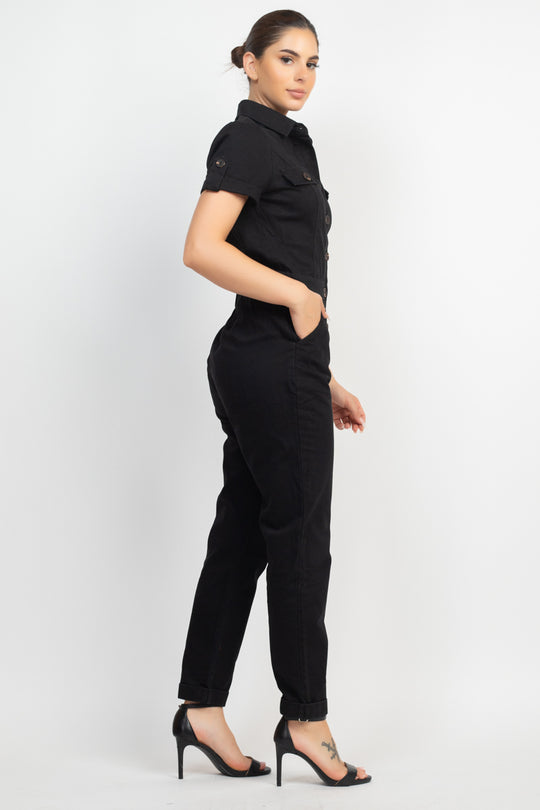 Collared Button-front Jumpsuit