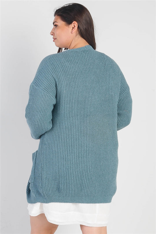 Plus Emerald Blue Knit Open Front Two Pocket Cardigan