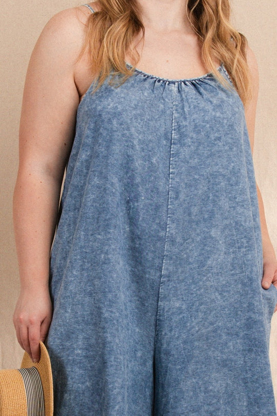 Washed Denim Spaghetti Strap Jumpsuit