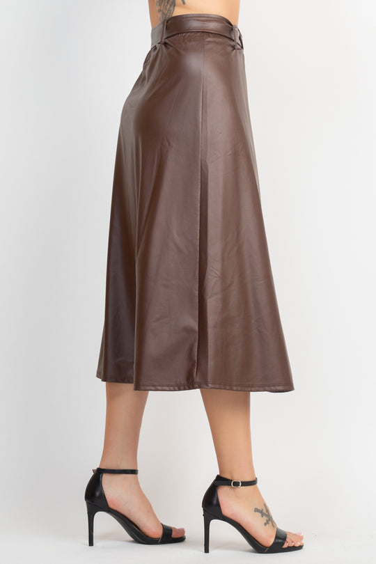 Faux Leather Belted A-line Skirt