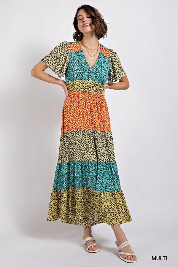 Ditsy floral color block v-neck split button up maxi dress