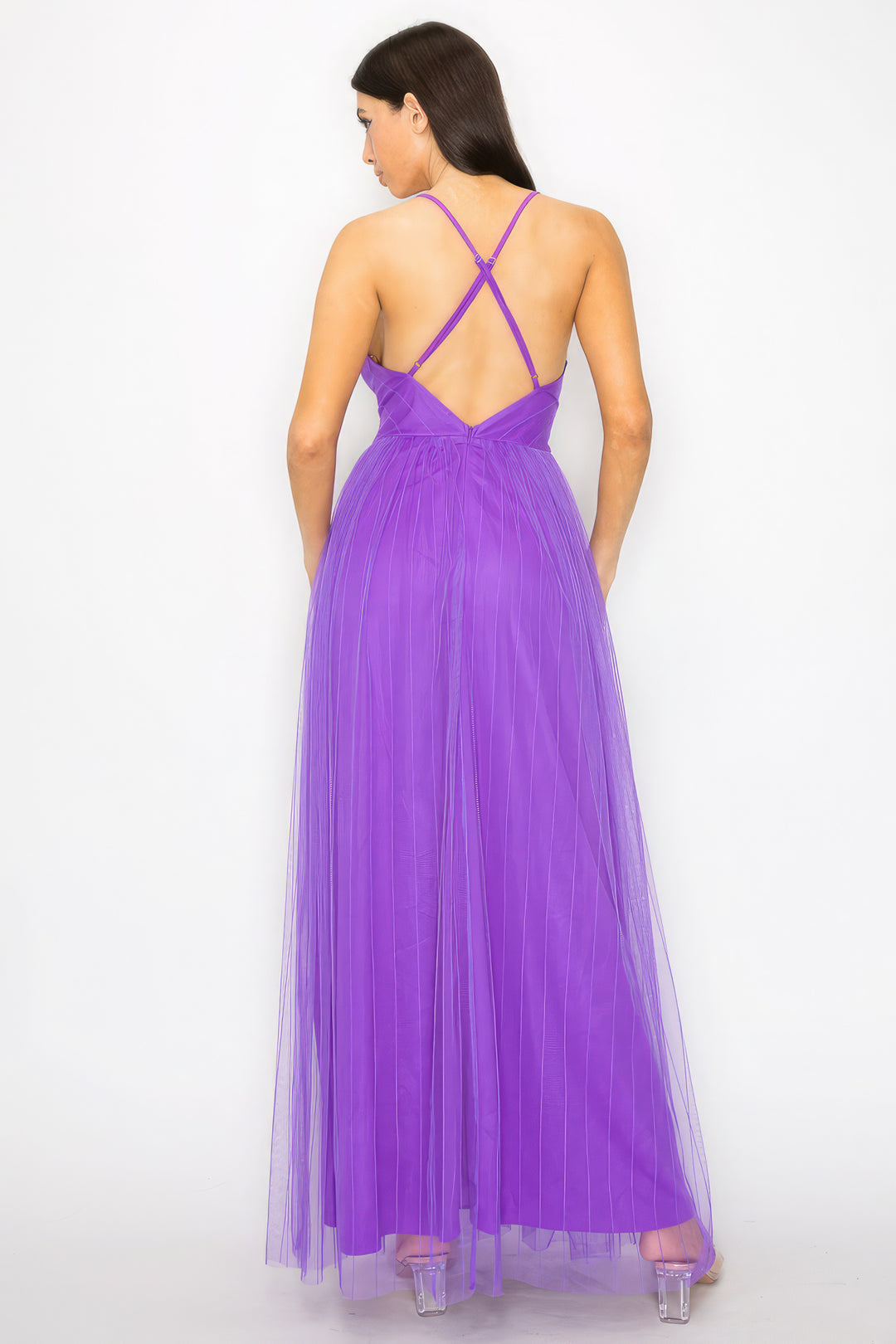 Pleated Mesh Slit Maxi Dress