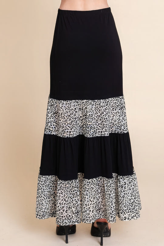 Long Tiered Contrast Fashion Skirt With Velvet Animal Print Mesh